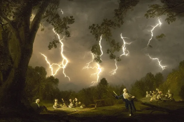 Prompt: Benjamin Franklin being struck by a lightning, in the woods, at night, thunderstorm, XVIII century, ultra detailed, wide angle lens, matte painting, cinematic composition, hyper realistic, highly detailed, concept art, low key lighting, high dynamic range, depth of field, moment cinebloom filter, cinematic color grade