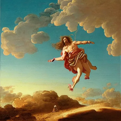 Prompt: egyptian man with long curly hair skydiving, giovanni paolo panini, versailles, jose miguel roman frances, dreamy clouds, pastel colors