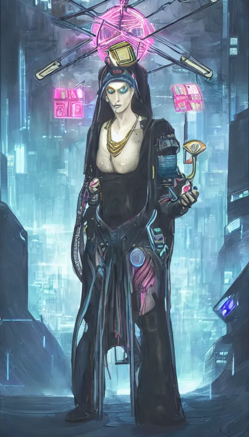 Image similar to a tarot card of the empress, cyberpunk themed art, concept art