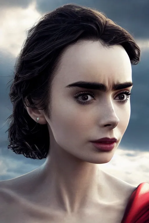 Image similar to a fancy close up of Man of Steel cast as Lily Collins by Greg Rutkowski, Sung Choi, Mitchell Mohrhauser, Maciej Kuciara, Johnson Ting, Maxim Verehin, Peter Konig, 8k photorealistic, cinematic lighting, HD, high details, dramatic, trending on artstation, full body shot