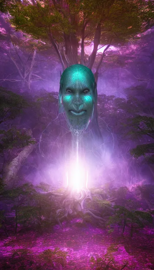 Image similar to hyper realistic 3 d render of a future sci - fi ancient god on the middle of a forest with a lot of purple trees holding a portal that's about to explode, volumetric lighting, sunny day