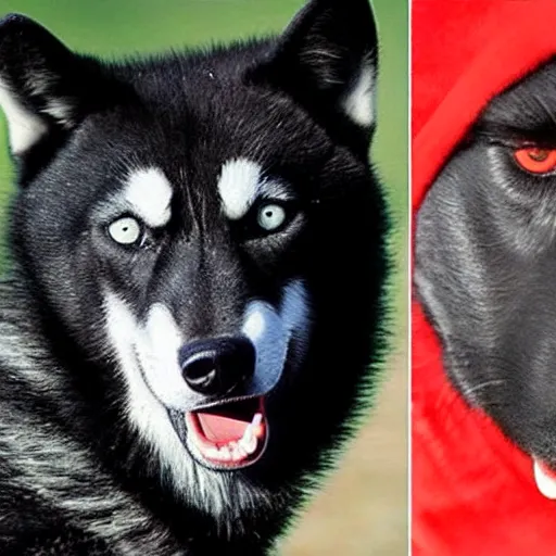 Image similar to a husky wearing a red shirt looks into a mirror and sees a majestic black wolf with golden eyes