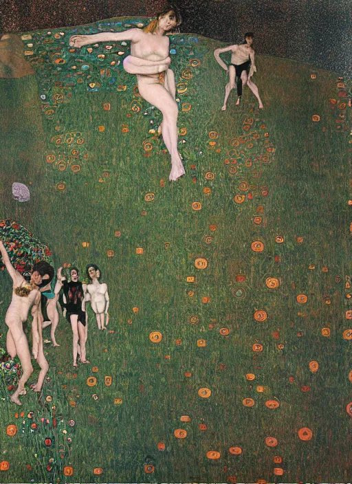 Image similar to cognitive optical illusions of landscape and four people in the foreground in extreme dynamic poses painted by gustav klimt