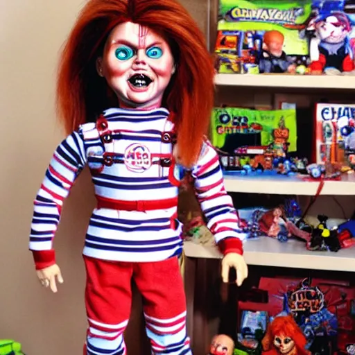 Prompt: chucky the killer doll standing in a toy room