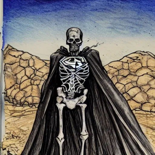 Image similar to black pen sketch of a superman zombie skeleton in a post - apocalyptic desert, the desert is in water color, elephant skull, pencil, intermediate art, paper art, pencil, bold lines, humans with apocalypse clothes on in the background, by an oil painter