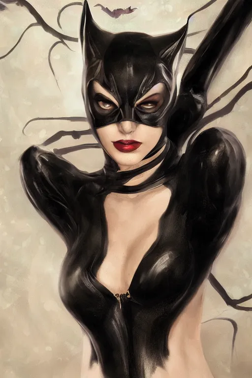 Prompt: beautiful aesthetic portrait of Catwoman from Batman returns crawling toward viewer by wlop and Julia Razumova, deviantArt, trending on artstation, artstation HQ