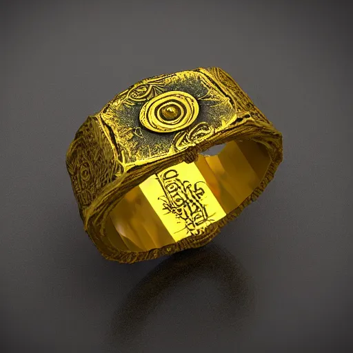 Image similar to the ring from lord if the rings with an imprinted ruler, cm scale imprinted on the inside of the ring, one ring to rule them all, dark background, highly detailed, 8 k, trending on artstation, mystic, rpg artwork, by peter jackson, by sauron