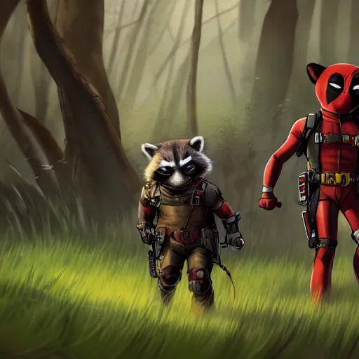 Image similar to rocket raccoon and deadpool in the woods digital art 4 k detailed super realistic