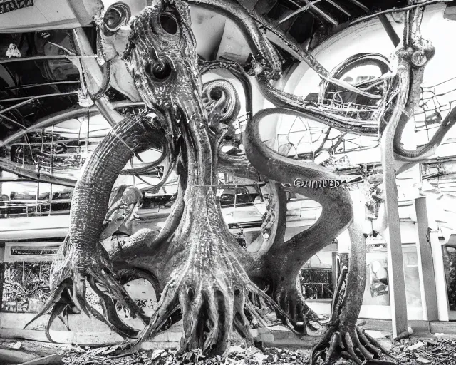 Image similar to camera footage of a extremely aggressive Giant mutated Octopus with glowing white eyes, Human Features, Teeth, in an abandoned shopping mall, Psychic Mind flayer, Terrifying, Silhouette :7 , high exposure, dark, monochrome, camera, grainy, CCTV, security camera footage, timestamp, zoomed in, Feral, fish-eye lens, Fast, Radiation Mutated, Nightmare Fuel, Wolf, Evil, Bite, Motion Blur, horrifying, lunging at camera :4 bloody dead body, blood on floors, windows and walls :5