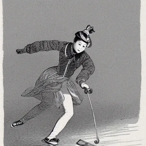 Image similar to lady skateboarding, high detail, 1 9 th century illustration by uijung kim