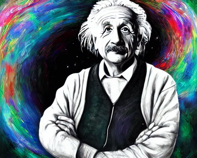 Image similar to albert einstein holding a black hole, psytrance portrait artwork, by sam spratt and ondrash