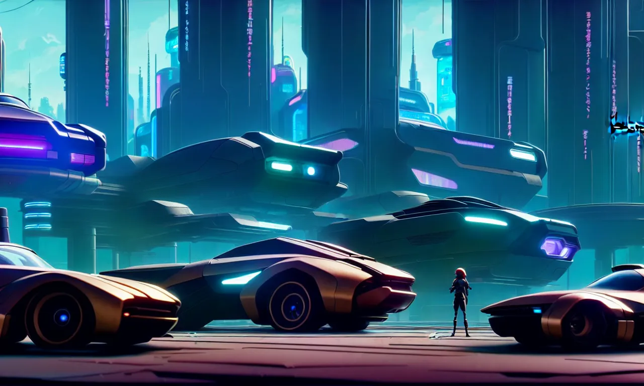 Prompt: a wholesome animation key shot of a futuristic car as a Cyberpunk 2077 loading screen, medium shot, architecture, studio Ghibli, Pixar and Disney animation, sharp, very detailed, high resolution, inspired by Hayao Miyazaki, anime key art by Greg Rutkowski, Bloom, dramatic lighting