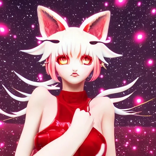 Prompt: kitsune woman nekomimi fancy haircut, full body, intrincate, red and white, glitter, depth of field, 8k, hyper detailed, realistic, trending on artstation