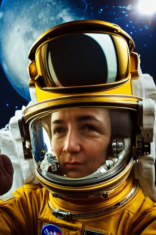 Image similar to extremely detailed studio portrait of space astronaut taking a selfie, holds a smart phone in one hand, phone!! held up to visor, reflection of phone in visor, moon, extreme close shot, soft light, golden glow, award winning photo by letizia battaglia