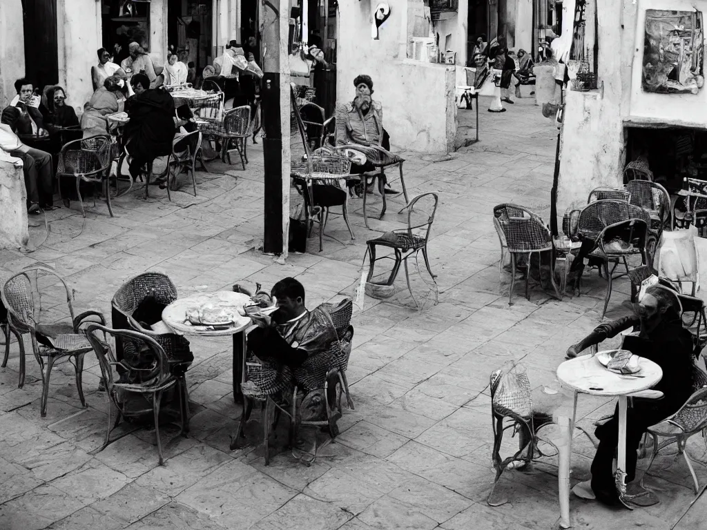 Prompt: un Lion anthropomorphe à la terrasse d'un café à Rabat. Street photography, Henri Cartier Bresson.