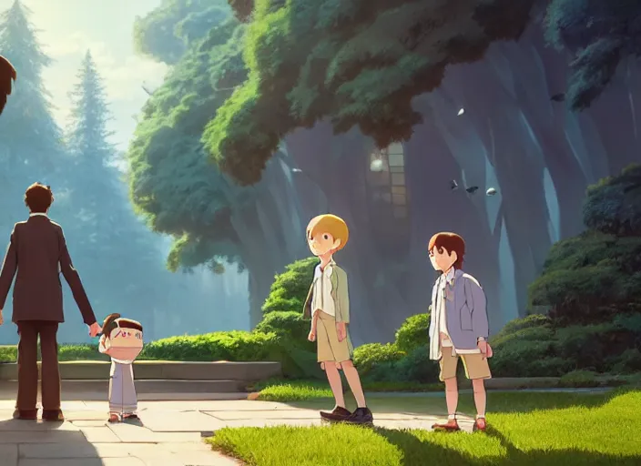 Image similar to mr winston welcoming his new guests, medium shot, studio ghibli, pixar and disney animation, sharp, rendered in unreal engine 5, anime key art by greg rutkowski, bloom, dramatic lighting