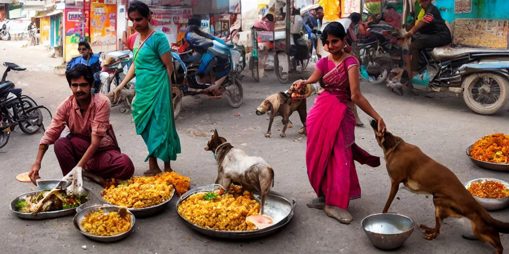 Prompt: indian street food vendor making food for customers while stray dogs eagerly await their turn
