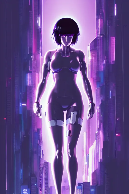 Image similar to a still fullbody portrait of motoko kusanagi ghost in the shell, finely detailed features, closeup at the faces, perfect art, at a cyberpunk city, gapmoe yandere grimdark, trending on pixiv fanbox, by ilya kuvshinov, rossdraws, artgerm