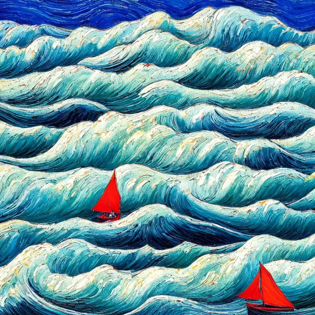 Prompt: Giant threatening beautiful Rolling waves, with a distant, red sailed yacht in the style of Jackson Pollack and painted in a style of painting similar to Van Gogh but more impasto and less hatching