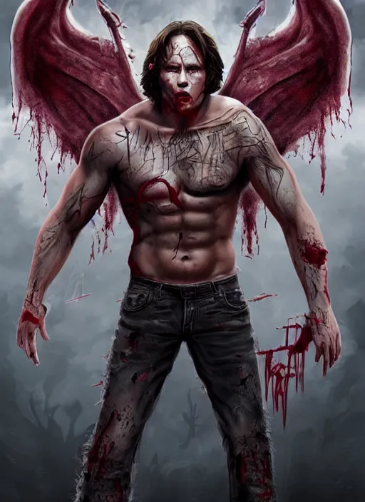 Image similar to Sam Winchester as a muscular half-blood demon with religious tattoos on chest and neck, open devil wings, stained and bleeding, magic overlays, magic flames, open portal with runes in the background, romance book cover style, D&D illustration style, (octane render) fantasy style, sharp focus, ultra detailed, art by Artgerm and Peter Andrew Jones, Ayami Kojima, Amano and Olivier Ledroit