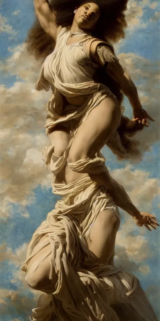 Image similar to Portrait of Serena Williams as Nike Goddess, large wings, luxuriant, dreamy, eternity, romantic, strong pose, highly detailed, in the style of Franz Xaver Winterhalter, highly detailed, in the style of Aetherpunk