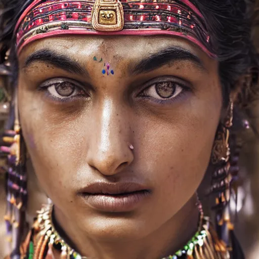 Image similar to portrait of a stunningly beautiful south asian tribal female, depth of field, zeiss lens, detailed, symmetrical, centered, fashion photoshoot, by Annie Leibovitz and Steve McCurry, David Lazar, Jimmy Nelsson, Breathtaking, 8k resolution, extremely detailed, beautiful, establishing shot, artistic, hyperrealistic, beautiful face, octane render