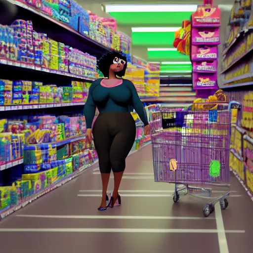 Prompt: high quality still of black bbw woman in wal-mart follow shot, 3d, in the style of pixar, comic book style, 3d, highly detailed, 16k resolution, octane renderer, coherent