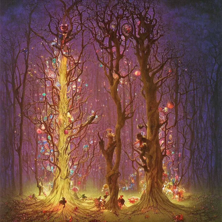 Image similar to a night carnival fairies around a magical tree, christmas lights, creatures and fantastic people disguised as fantastic creatures in a magical forest by summer night, masterpieceunderwater scene, painted by zdzislaw beksinski, alphonse mucha and rene laloux, volumetric lightning