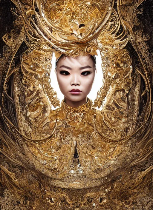 Prompt: a portrait of asian female by stefan geselle and nekro borja, photorealistic, intricate details, hyper realistic, fantasy, elegant, baroque gold headpiece, photorealistic, canon r 3, photography, wide shot, symmetrical features, symmetrical pose, wide angle shot, head to toe, standing pose, feet on the ground, wearable art
