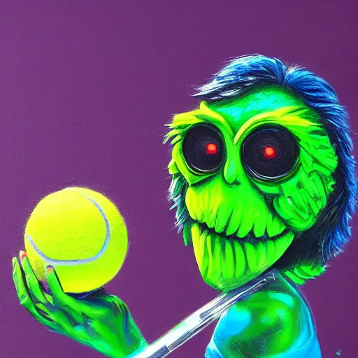 Image similar to a tennis ball monster ,tennis ball, tennis racket, colorful, digital art, fantasy, magic, trending on artstation, ultra detailed, professional illustration by Basil Gogos