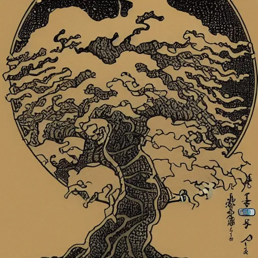 Prompt: tree of life, yggdrasil, latte art, moody lighting, by katsushika hokusai, by laurie lipton