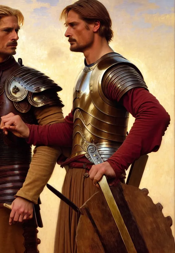 Image similar to attractive handsome fully clothed jaime lannister confesses his love for attractive fully armored brienne of tarth. centered composition. highly detailed painting by gaston bussiere and j. c. leyendecker and william adolphe bouguereau and fra angelico and octane render, musee d'orsay 8 k