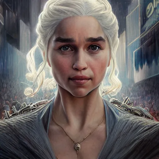 Image similar to full figure ultra realistic illustration, daenerys targaryen in times square, intricate, elegant, highly detailed, digital painting, artstation, concept art, smooth, sharp focus, illustration, art by artgerm and greg rutkowski and alphonse mucha