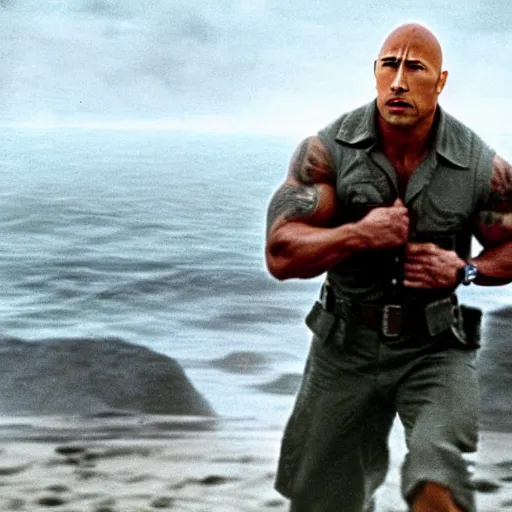 Image similar to A closeup of Dwayne The Rock Johnson storming the beaches of Normandy, Saving Private ryan