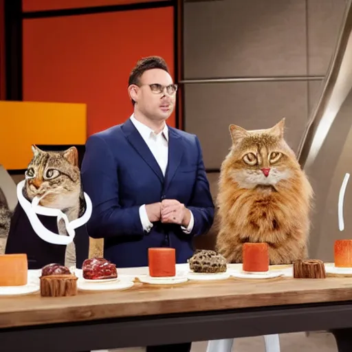 Image similar to anthropomorphic cats competing at masterchef TV show, studio shot