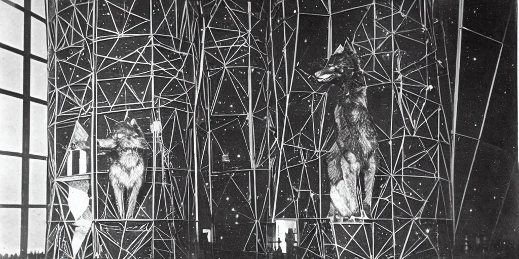 Image similar to anthropomorphic furry wolf inside a giant automaton tower that tracks the stars, 1900s photograph