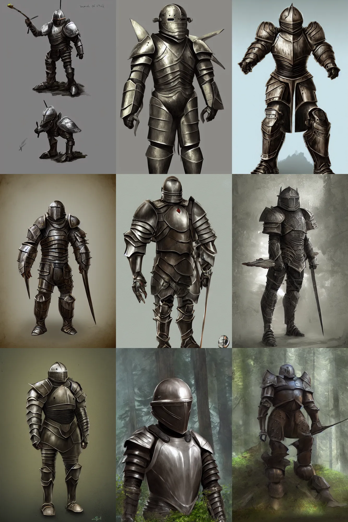 Prompt: Armored Knight, redwood forest inspired, helmet, bulky, thick, male, matte painting