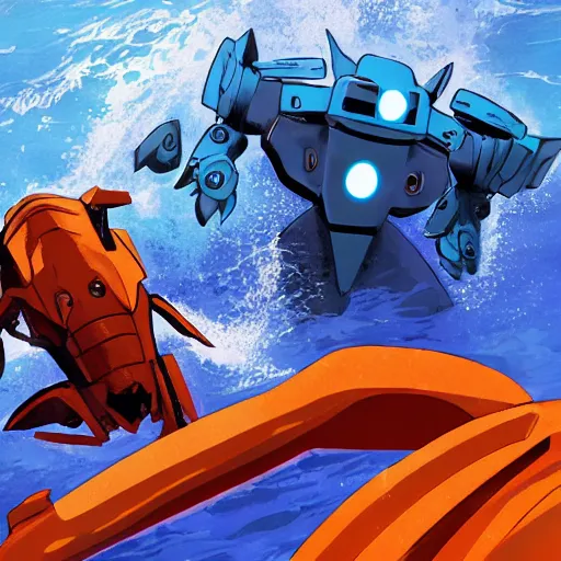 Image similar to a giant athletic sleek well - designed strong blue mecha robot fighting a giant orange monstrous hammerhead shark kaiju creature in waist deep water