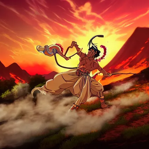 Prompt: anime key art of krishna fighting with kans on a smoky battlefield with ash and flames, by studio trigger, mountains in the distance, sunset, beautiful detail, epic composition, cinematic