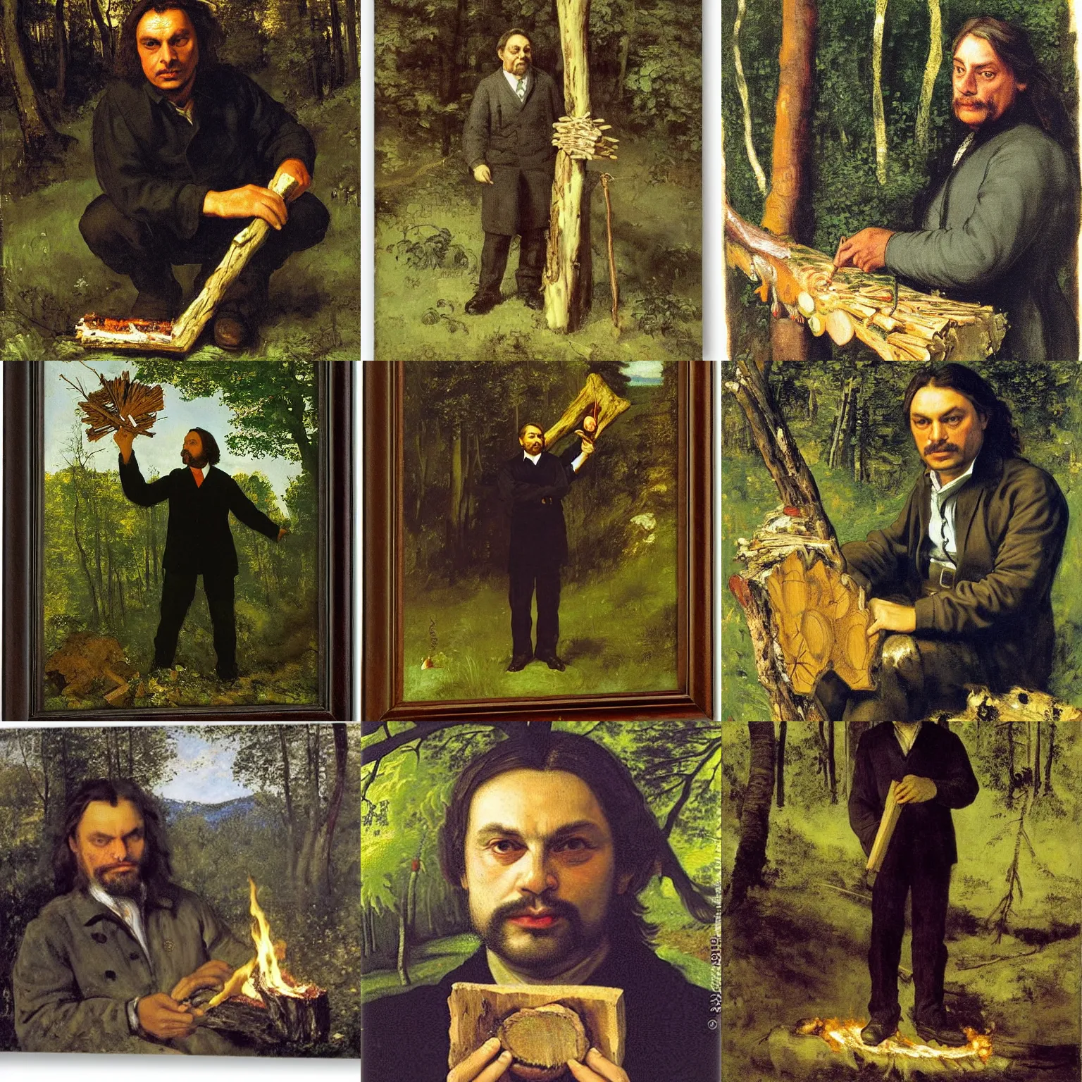 Prompt: viktor orban in a forest, holding a burning wood piece, by gustave courbet