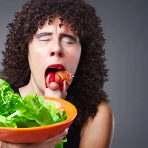 Prompt: stock photo of woman angrily eating salad