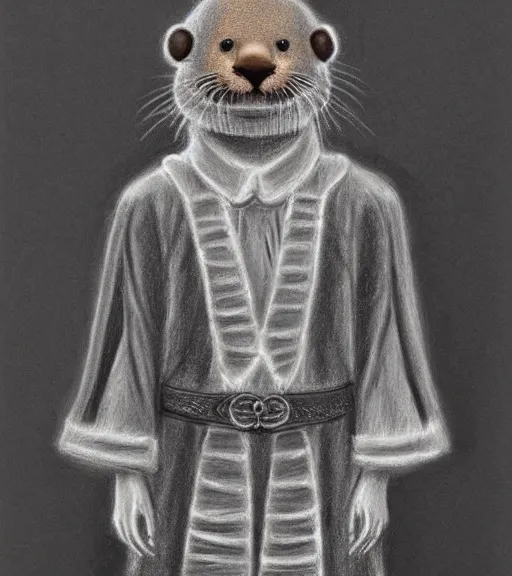 Image similar to master furry artist pastel pencil drawing full body portrait character study of the anthro male anthropomorphic otter fursona animal person wearing crown and cape royal western king regal intricate ornate