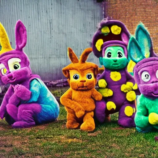 Image similar to Barney at war with mutant furry teletubbies in abandoned radiated graffiti town