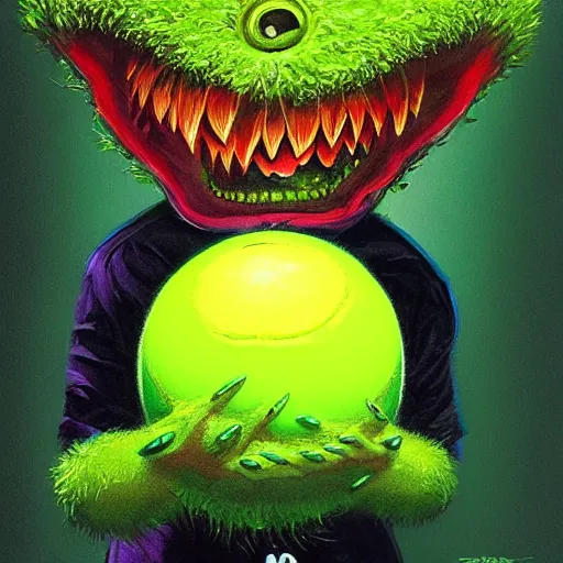 Image similar to a tennis ball monster, digital art, fantasy, magic, trending on artstation, ultra detailed, professional illustration by Basil Gogos