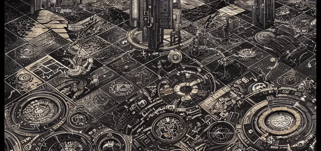 Image similar to cyberpunk steampunk tiled floor, one point perspective, high details, line art, by vincent di fate and joe fenton, inking, screen print, trending on artstation, sharp,, hyper - detailed, hd, 4 k, 8 k
