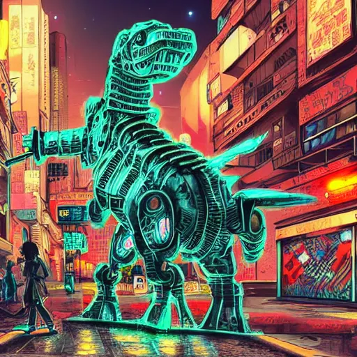 Image similar to hyper-detailed, intricate, full colour anime illustration of a mecha dinosaur standing at a ghetto street corner with graffiti in the background, night, city, dark, cyberpunk