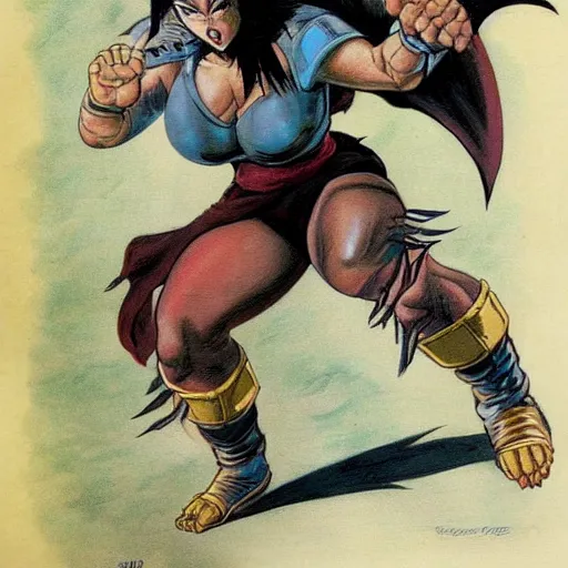 Image similar to Female Saiyan fistfighting Klingon warrior, bloody fistfight, Klingon, drawn by Frank Frazetta
