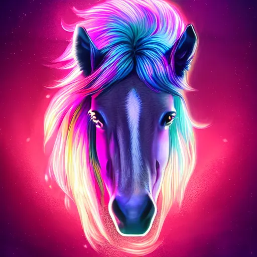 Prompt: digital equine, retrowave palette, highly detailed, anatomically correct horse, synth feel, smooth face, ear floof, flowing mane, no reins, super realism, accurate animal imagery, 4 k digital art