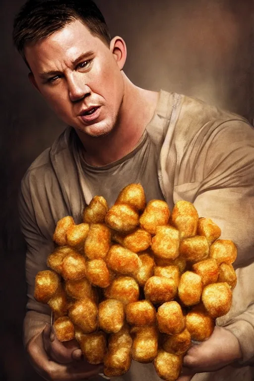 Image similar to channing tatum in a tater tot costume, oil on canvas, intricate, 8 k highly professionally detailed, hdr, cgsociety