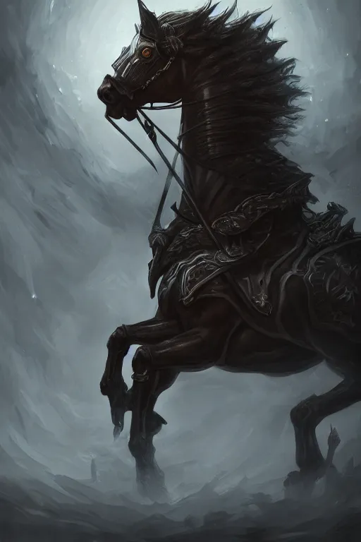 Image similar to a portrait of the horseman of the apocalypse, conquest, famine, death, war, grim - lighting, high - contrast, intricate, elegant, highly detailed, digital painting, artstation, concept art, smooth, sharp focus, illustration